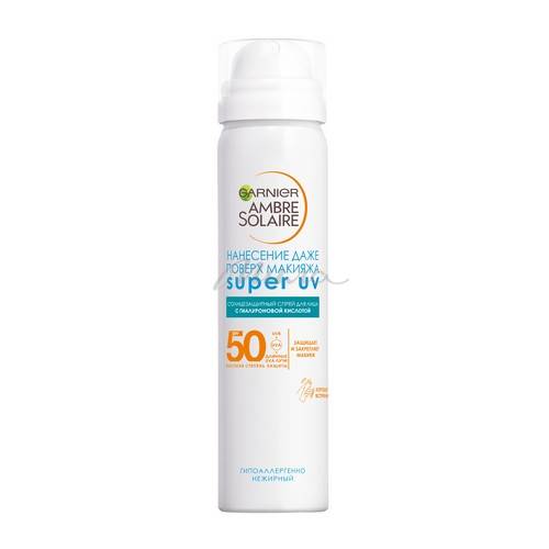 Спрей солнцезащитный для лица GARNIER Ambre Solaire Super UV SPF50 нанесение даже поверх макияжа, 75 мл