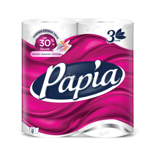 Бумага туалетная PAPIA трехслойная белая,  4 шт