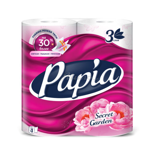 Бумага туалетная PAPIA Таинственный сад белая трехслойная, 4 шт