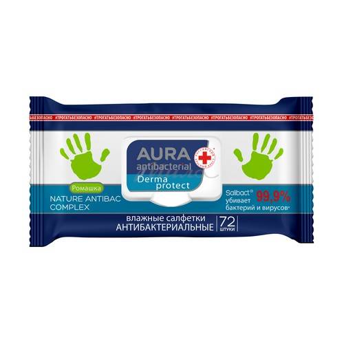 Салфетки влажные AURA Antibacterial derma protect Ромашка, 72 шт