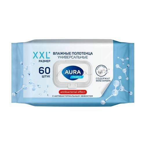 Полотенца влажные AURA FAMILY с антибактериальным эффектом, 60 шт