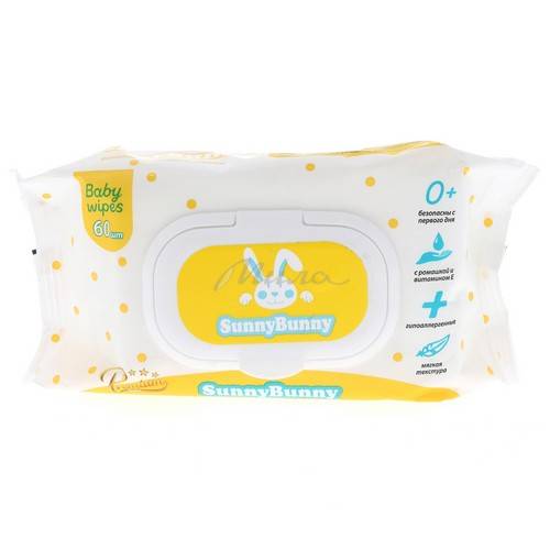 Салфетки влажные детские SUNNY BUNNY с экстрактом ромашки и витамином Е, 60 шт