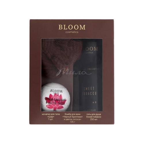 Набор подарочный BLOOM COSMETICS Sweet Tobacco (Гель для душа, 250 мл + Бомбочка для ванны, 135 г + Мочалка)