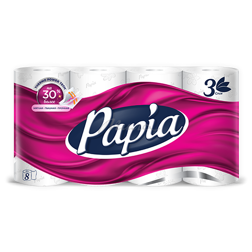 Бумага туалетная PAPIA белая трехслойная, 8 шт