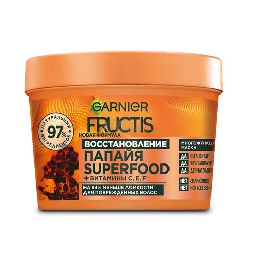 Маска для волос GARNIER Fructis Superfood Папайя восстановление для поврежденных волос, 390 мл