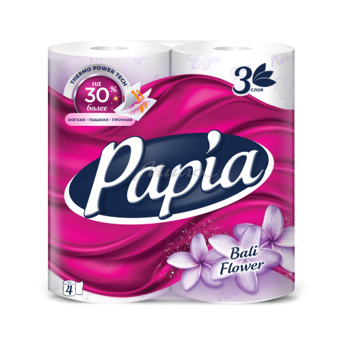 Бумага туалетная PAPIA Балийский цветок трехслойная белая, 4 шт