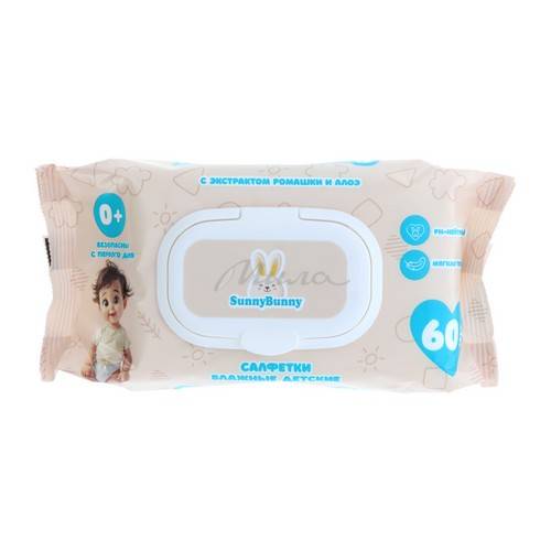 Салфетки влажные детские SUNNY BUNNY экстрактом ромашки и алоэ, 60 шт