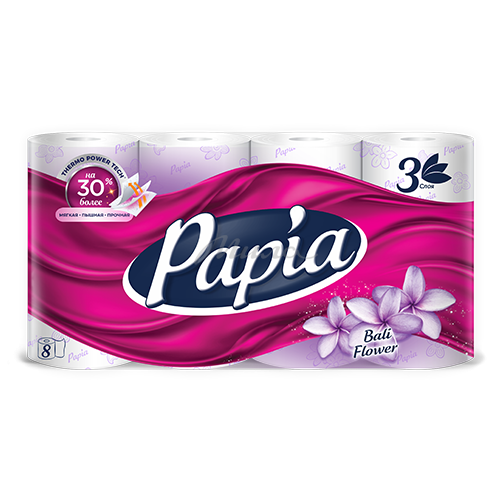 Бумага туалетная PAPIA Балийский цветок трехслойная белая , 8 шт